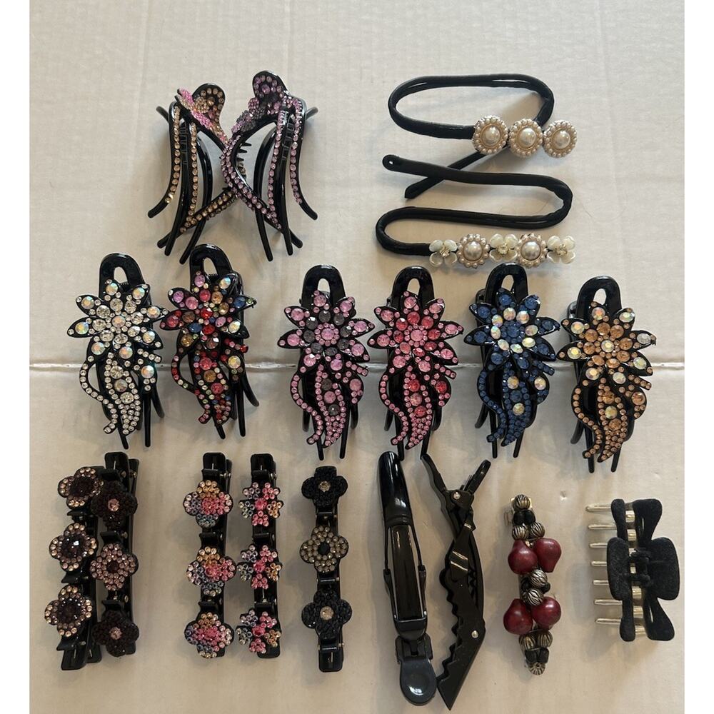 Lot Of 19 Rhinestone & Black Hair‎ Clips Pink Blue Purple Clear Stones - Picture 2 of 7